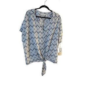 NWT CAFFE MARRAKESH linen blend blue & white ikat print tie front s/s blouse